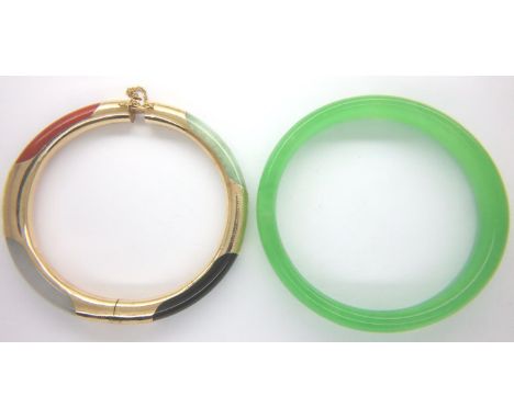 Green jade? bangle and a 14ct gold bangle set with four coloured gemstones, D: 74 mm, combined 56.0g. P&amp;P Group 1 (£14+VA