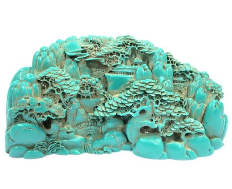 Chinese carved turquoise boulder of a mountain scene, L:23 cm. P&amp;P Group 3 (£25+VAT for the first lot and £5+VAT for subs
