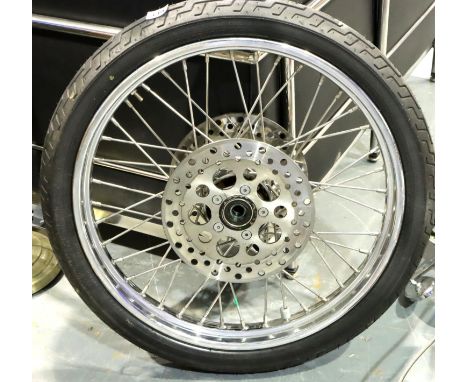Harley Davidson front wheel. Not available for in-house P&amp;P, contact Paul O'Hea at Mailboxes on 01925 659133 