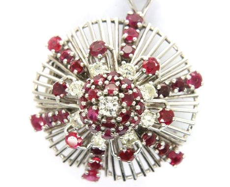 Platinum ruby and diamond pendant brooch, L: 31 mm, 14.6g. P&amp;P Group 1 (£14+VAT for the first lot and £1+VAT for subseque