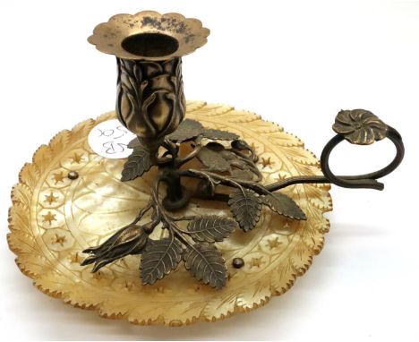 Ornate brass and mother of pearl candlestick, H: 65 mm. P&amp;P Group 1 (£14+VAT for the first lot and £1+VAT for subsequent 