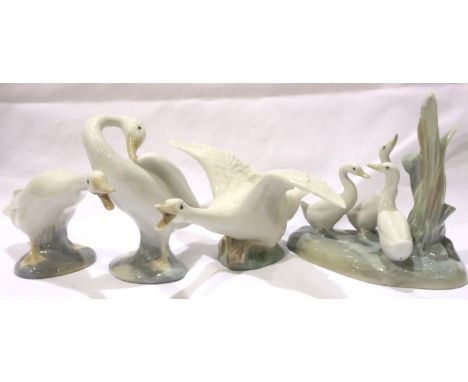 Three Lladro Geese and a Nao duck, tallest H:11 cm, no cracks, chips or visible restoration. P&amp;P Group 3 (£25+VAT for the