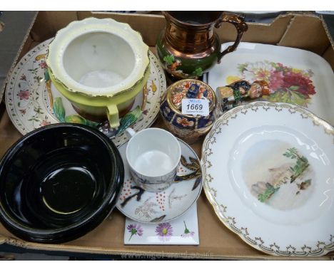 A box of china including two Empire ware trays, Arthur Wood china jam serving pot, cup and saucer, miniature Artone toby jug,