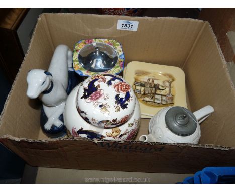 A small teapot with metal lid, Ironstone dog, Masons Mandalay ginger jar with lid, Sweet pea pattern preserve pot and lid, et