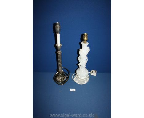A metal candlestick converted into a Lamp having twist stem and another Lamp made out of stone depicting birds on a branch.