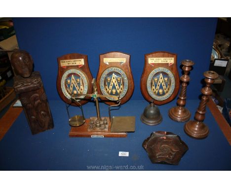 A quantity of miscellanea including African figure/lidded Pot, postal scales, art and craft dishes, three wall shields and a 