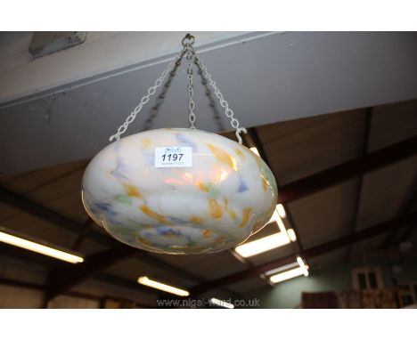 A dome shaped glass lamp shade with yellow marble effect design complete with original chain and clips.