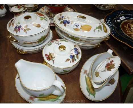 Five Royal Worcester Evesham serving dishes and lids, sauce boat and saucer, jug, etc.