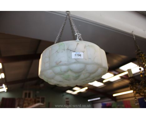 A large glass lamp shade with blue mottled colour and geometric design complete with original mounts and chain.