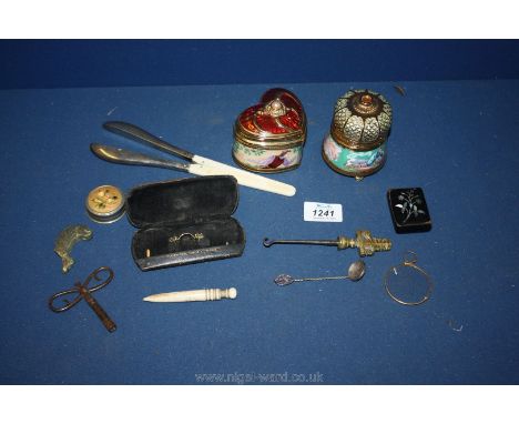 A quantity of miscellanea including papier mache snuff box, Victorian spectacles pince nez in case, music boxes, etc.,