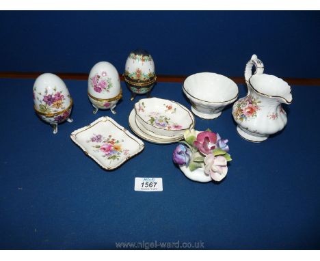 Two Royal Crown Derby pin dishes, Royal Albert 'Sweet Peas' posy, Three ceramic eggs etc.