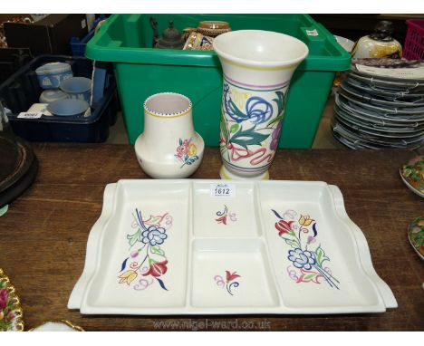 Three pieces of Poole pottery including Dish and two vases.