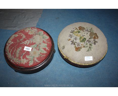 Two Victorian circular Footstools with tapestry tops.