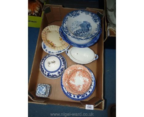 A blue/white dish of coaching scene, Worcester Muffin dish and cover, Royal Worcester plate (a/f), etc.