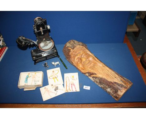 A quantity of miscellaneous including Baby projector, green Mau carving, binoculars, a fountain pen a/f, a white metal terrie