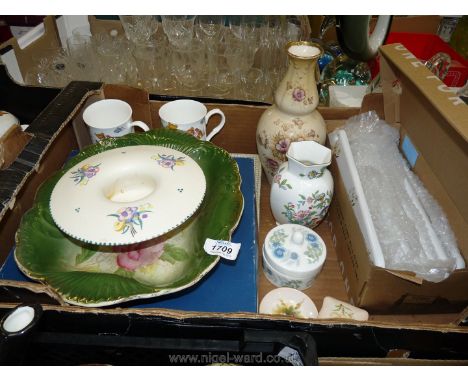 A box of china to include Royal Worcester plate (boxed), Poole vase, Aynsley vases, six china door plates, etc.