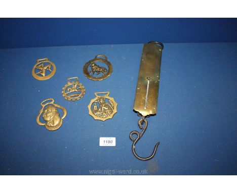 A Salters improved spring balance scales along with five horse brasses.