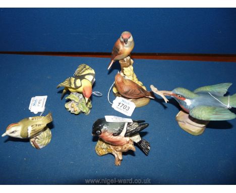 Four Royal Worcester birds Kingfisher, Linnet, Goldfinch etc. and one Beswick bird.
