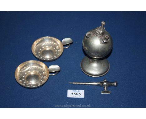 A pair of epns Sommelier's Cups, a champagne tap and an unusual epns oil Lamp of orb form standing on a stem with a flared fo