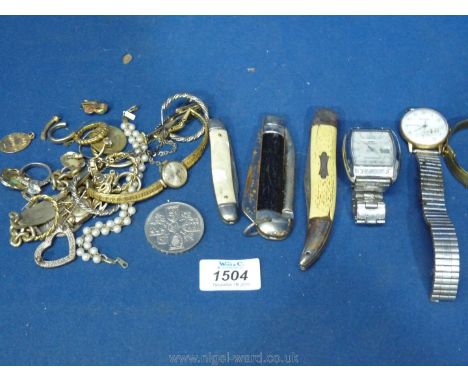 A quantity of miscellanea including penknives including fish knife, Sekonda and Casio watches, 1953 five shilling coin, misce