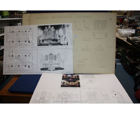 Five mounted architectural plans of Liverpool Metropolitan Cathedral.