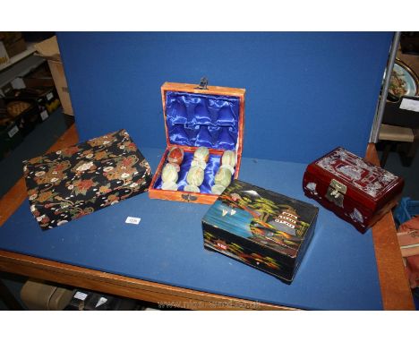 A red lacquer and Mother of Pearl oriental jewellery Box plus one other, a Chinese smoker's box and a set of six Onyx goblets