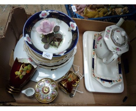 A box of china to include wall plates, a Carltonware vase, fruit dish, teapot, sandwich plate, etc.