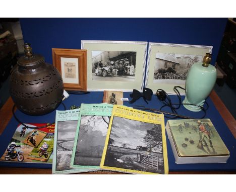 A Crown Devon lamp, brass lamp, three 1950's Country Life magazines and framed photographs of the Forest of Dean.