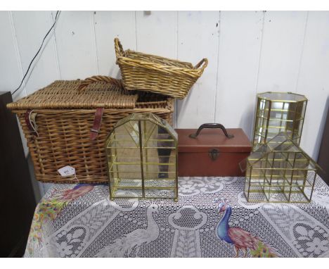 A wicker hamper 50cm, wicker basket , small leatherette travel case and three mirrored glass brass framed curio cabinets - 26