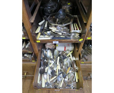 Two trays of silver plate including cutlery, basket, teapot, etc 