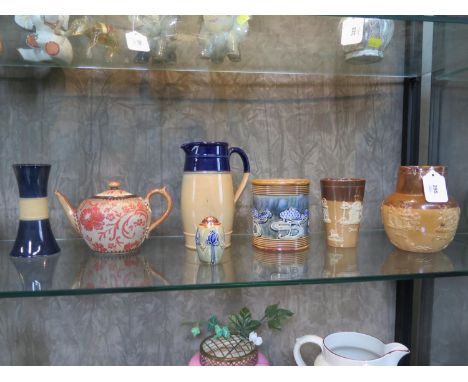 Royal Doulton ceramics:  tobacco jar 12cm, pepper pot 7cm, ovoid jug 19cm and beaker 12.5cm;  Doulton Lambeth jug 15cm, Doult