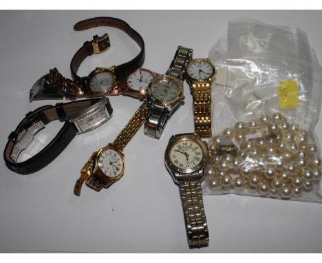 A collection of seven ladies fashion watches to include watches by Rotary, Seiko and Citizen and a faux pearl necklace and a 