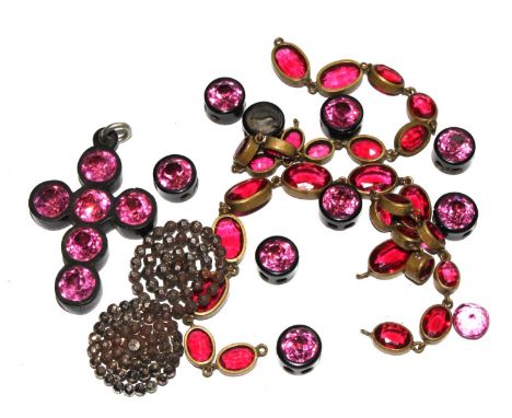 Two cut steel buttons, part of a paste set necklace and a cross pendant and other sections set with pink stones in a horn typ