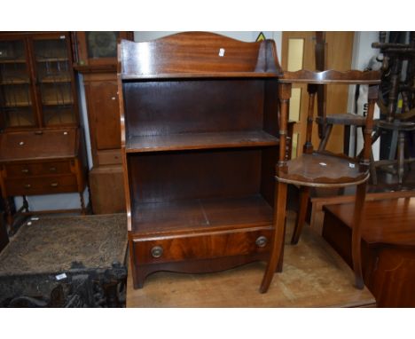 A reproduction mahogany low shelf and whatnot