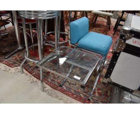 A vintage chrome and glass telephone seat, aquamarine vinyl seat