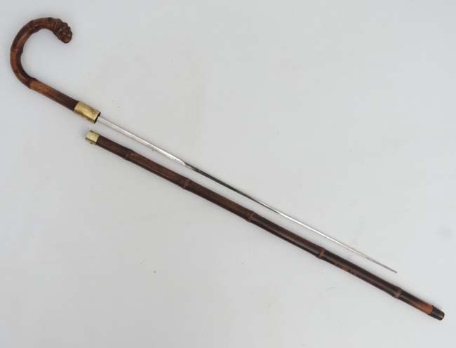 Collectors Antique Sword Stick : a bamboo and brass Crook handled 19 th ...