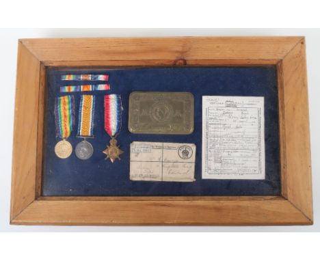 Framed WW1 1914-15 Star Medal Trio Royal Scots, awarded to “12903 PTE H CURNYN R. SCOTS”, British War and Victory medals with