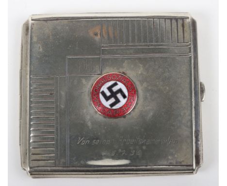 Third Reich NSDAP Cigarette Case, interesting nickel silver engine turned cigarette case mounted with an enamel NSDAP members