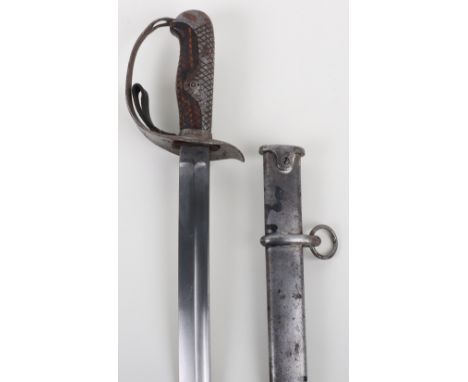 WW2 Japanese Cavalry Sword, chequered wooden grip with steel guard and back strap. Catch release to the back of the grip, mac