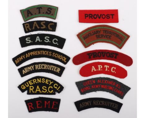 Selection of Cloth Shoulder Titles, including red on grey Queen Alexandra’s Royal Army Nursing Corps, embroidered Provost, em