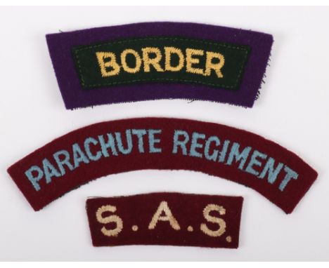 Cloth Shoulder Titles of Airborne Interest, being an embroidered white on maroon S.A.S, Air Landing / Cadets Border Regiment 