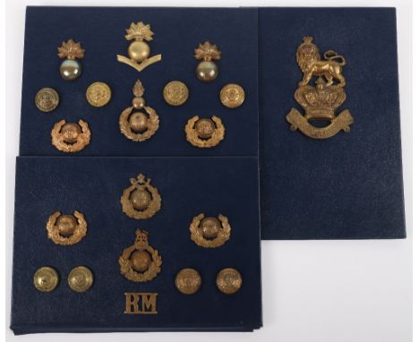 3x Boards of Royal Marines Badges, including other ranks cap badges, collar badges, titles and buttons for the Royal Marines,
