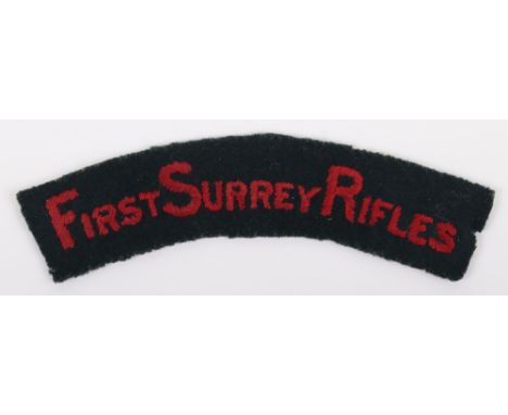 First Surrey Rifles Cloth Shoulder Title, embroidered red on green cloth shoulder title with the first letter of each word be