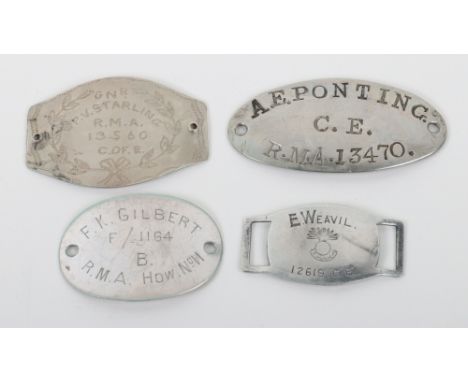 4x WW1 Identity Discs Royal Marine Artillery, all being privately purchased or made examples for “F K GILBERT F/1164 B R.M.A 