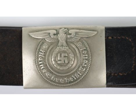 WW2 German Waffen-SS Combat Belt and Buckle, fine example of a nickel silver other ranks Waffen-SS belt buckle with the rever