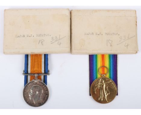 WW1 British Officers Medal Pair Royal Garrison Artillery, British War and Victory medals awarded to “MAJOR E J BUCKTON”. Meda