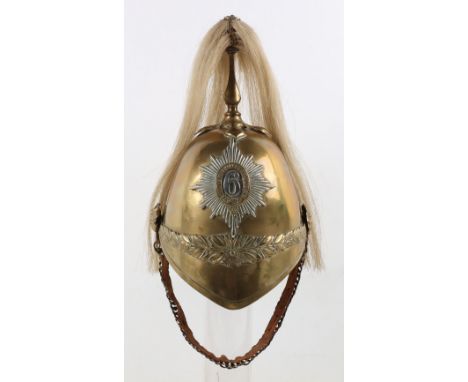 British 1871 Pattern Troopers Dress Helmet 6th Dragoon Guards (Carabiniers), brass body shell with central laurel spray, rose