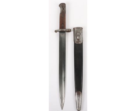 British 1903 Pattern Bayonet, fine example with two piece wooden grips secured by two steel screws. Pommel with pierced oil c