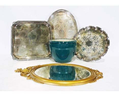 Assorted plated items, a modern mirror&nbsp;and a ceramic jardiniere&nbsp;
