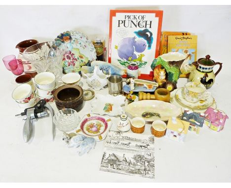 Box of assorted china, glassware and household items to include a Hornsea vase in the form of a tree trunk with squirrel, var